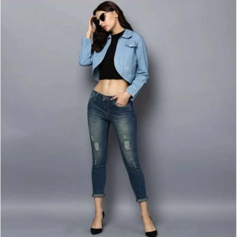 Generic Women's Denim Solid 3-4th Sleeves Shrug (Blue)