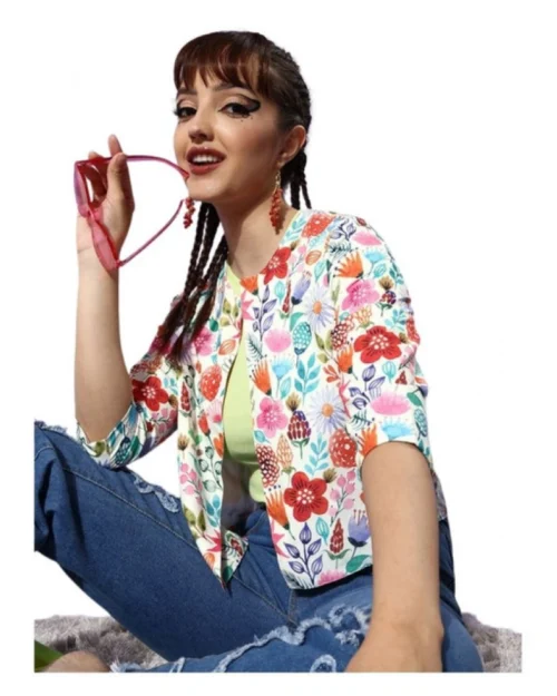 Generic Women's Polyester Floral 3-4th Sleeves Shrug (Multicolor)