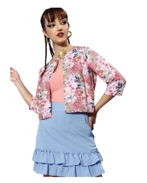 Generic Women's Polyester Floral 3-4th Sleeves Shrug (Peach)