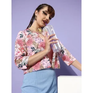 Generic Women's Polyester Floral 3-4th Sleeves Shrug (Peach)