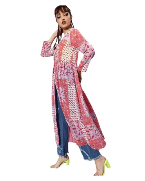 Generic Women's Polyester Floral Long Sleeves Shrug (Pink-Coral)