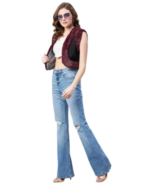 Generic Women's Denim And Fur Solid Sleeveless Shrug (Black - Maroon)