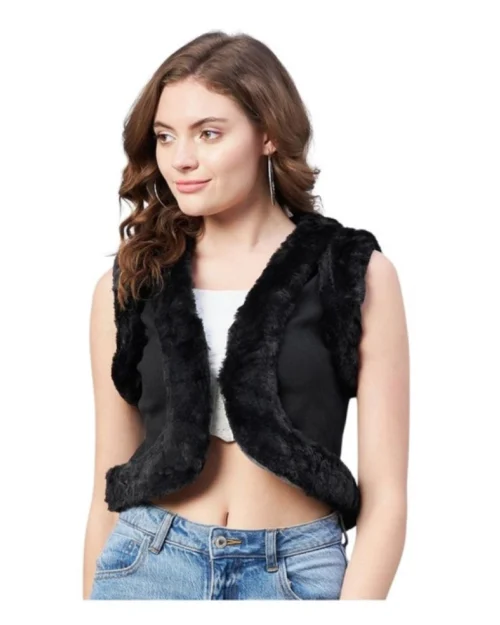 Generic Women's Denim And Fur Solid Sleeveless Shrug (Black)