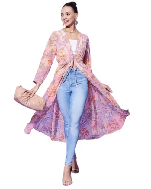 Generic Women's Polyester Floral Long Sleeves Shrug (Peach)