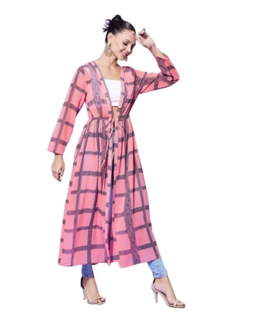 Generic Women's Polyester Check Long Sleeves Shrug (Pink)