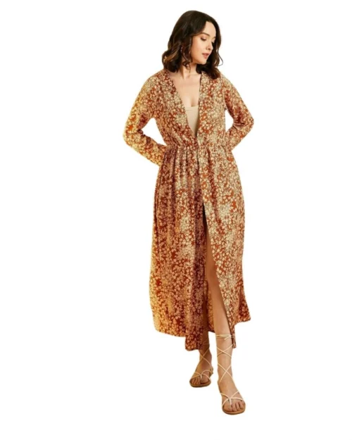 Generic Women's Polyester Floral Long Sleeves Shrug (Brown)