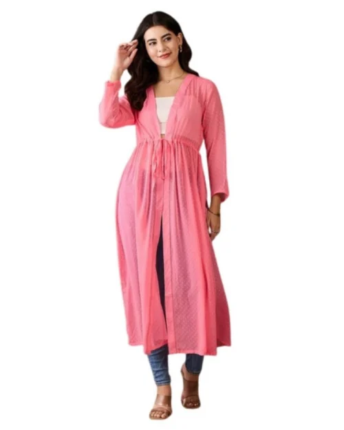Generic Women's Chiffon Self Design Long Sleeves Shrug (Pink)