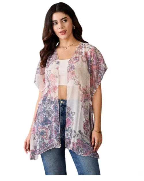 Generic Women's Chiffon Printed Short Sleeves Shrug (White - Purple)