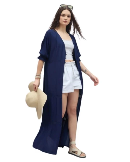 Generic Women's Rayon Crepe Lace Inserts 3-4th Sleeve Shrug (Navy)