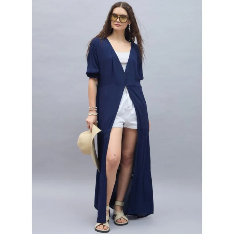 Generic Women's Rayon Crepe Lace Inserts 3-4th Sleeve Shrug (Navy)