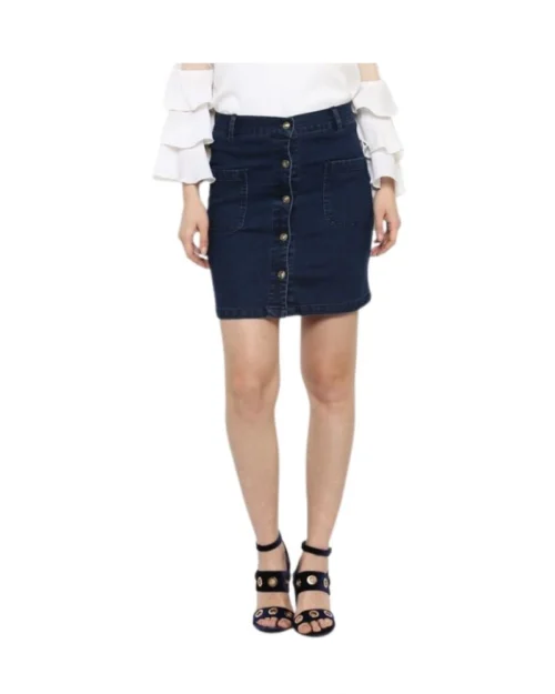 Generic Women's Denim Front Button Buttoned Skirt (Blue)