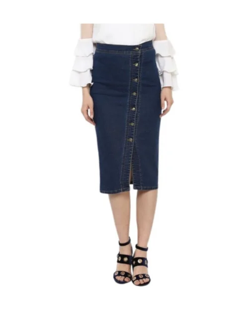 Generic Women's Denim Front Button Buttoned Skirt (Blue)