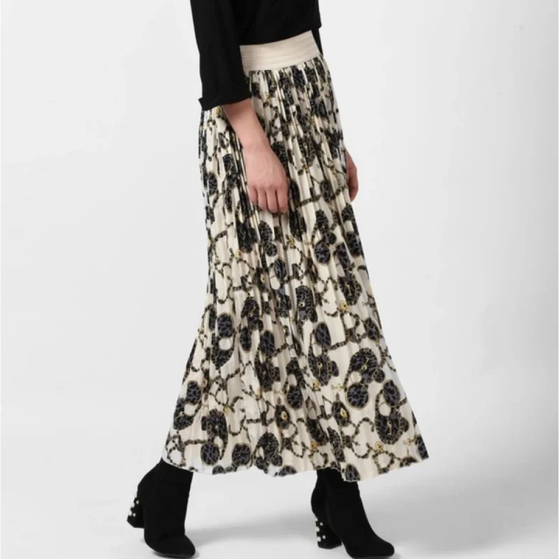 Generic Women's Georgette Chain Print Elasticated Skirt (Cream-Black)