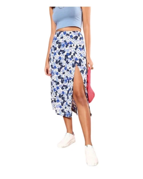 Generic Women's Polyester Floral Side Zip Skirt (Blue - White)