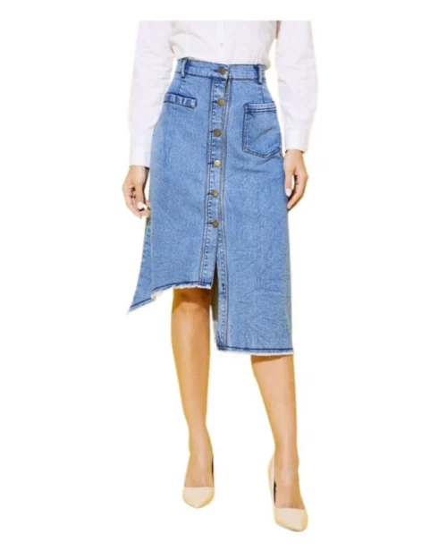 Generic Women's Denim Hi Lo Buttoned Skirt (Blue)