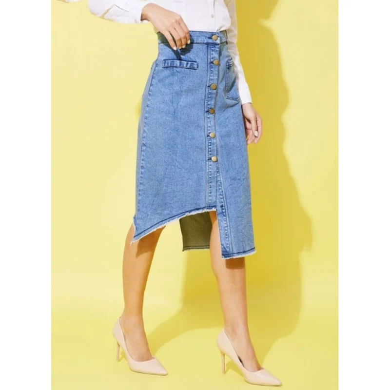 Generic Women's Denim Hi Lo Buttoned Skirt (Blue)