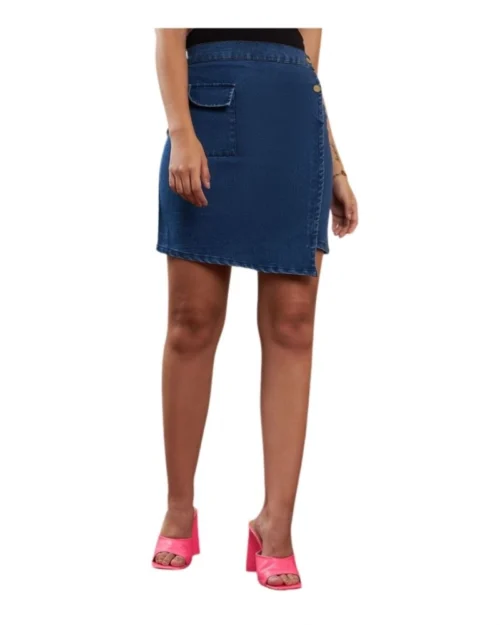 Generic Women's Denim Lycra Solid Button Skirt (Blue)