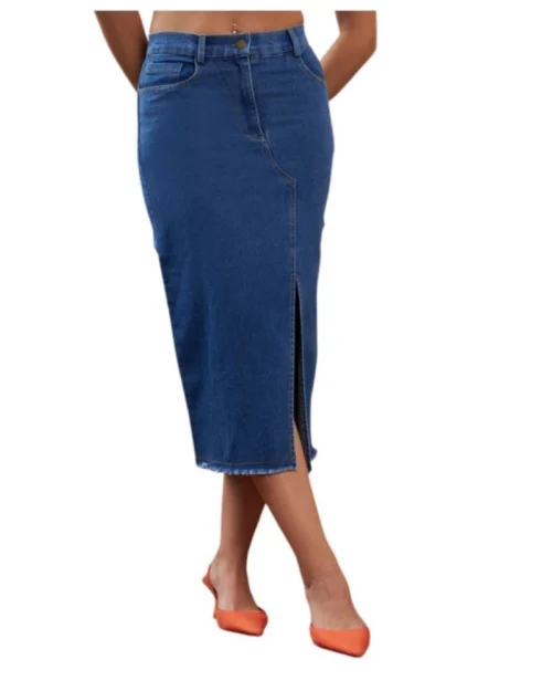 Generic Women's Denim Lycra Solid Button Skirt (Blue)