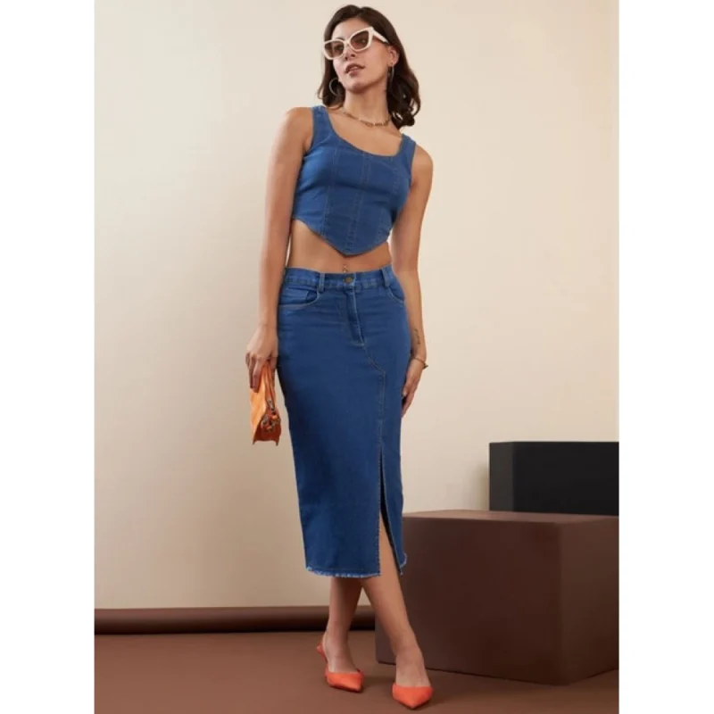 Generic Women's Denim Lycra Solid Button Skirt (Blue)