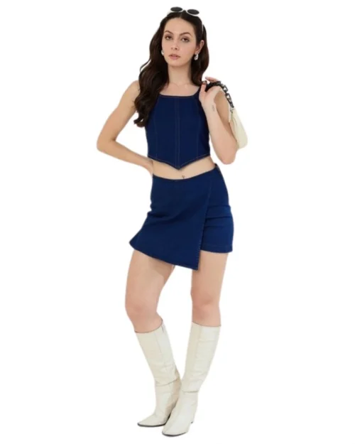 Generic Women's Denim Lycra Solid Zip Closure Skorts (Navy)