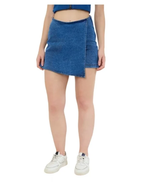 Generic Women's Denim Lycra Solid Zip Closure Skorts (Blue)