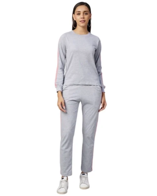 Generic Women's Cotton Solid Long Sleeves Tracksuit (Light Grey - Pink)