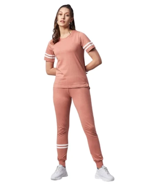 Generic Women's Cotton Striped Short Sleeve Tracksuit (Pink)