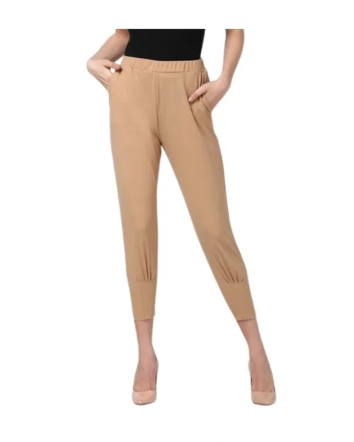 Generic Women's Polyester Solid Elasticated Trousers (Beige)