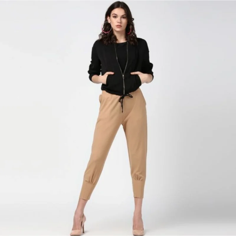 Generic Women's Polyester Solid Elasticated Trousers (Beige)