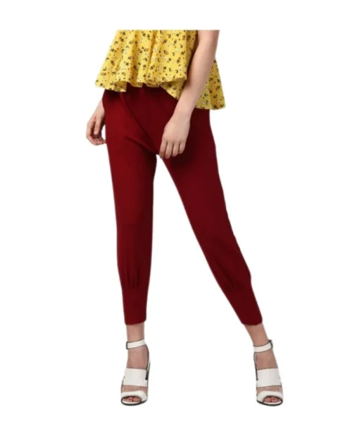 Generic Women's Polyester Solid Elasticated Trousers (Maroon)