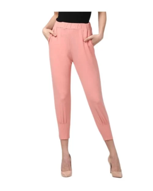 Generic Women's Polyester Solid Elasticated Trousers (Pink)