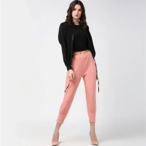 Generic Women's Polyester Solid Elasticated Trousers (Pink)