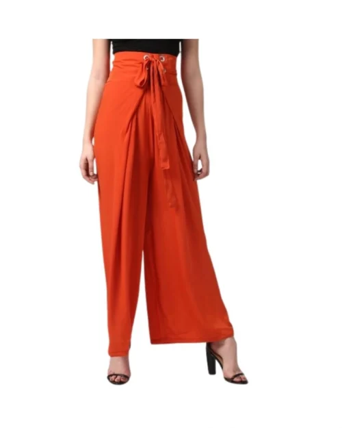 Generic Women's Polyester Solid Smocked Trousers (Orange)