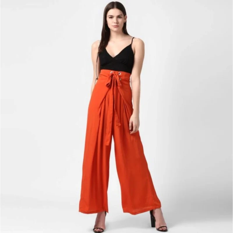 Generic Women's Polyester Solid Smocked Trousers (Orange)