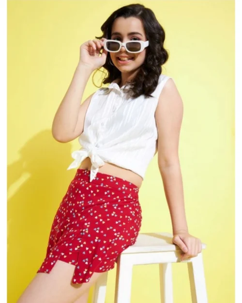 Generic Girl's Polyester Lurex Printed Sleeveless Skorts Set (White-Red)