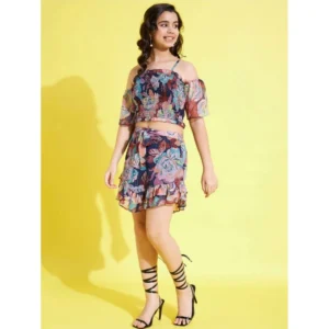 Generic Girl's Polyester Lurex Floral Shoulder Straps Top and Skirt Set (Multicolor)