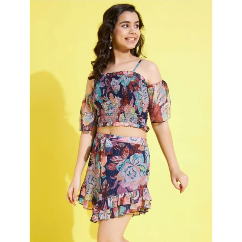 Generic Girl's Polyester Lurex Floral Shoulder Straps Top and Skirt Set (Multicolor)