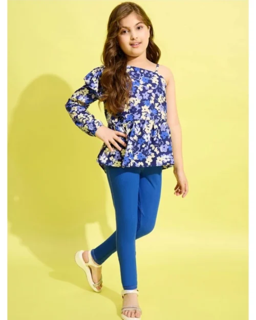 Generic Girl's Polyester Floral One Shoulder Jeggings Set (Blue)