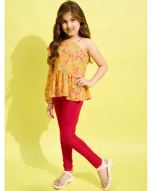 Generic Girl's Polyester Floral One Shoulder Jeggings Set (Yellow-Red)