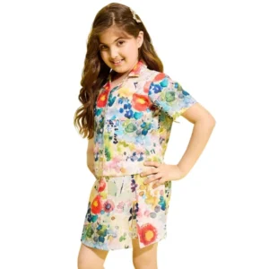 Generic Girl's Polyester Cotton Blend Pattern-Floral Short Sleeves Skorts Set (Multicolor)
