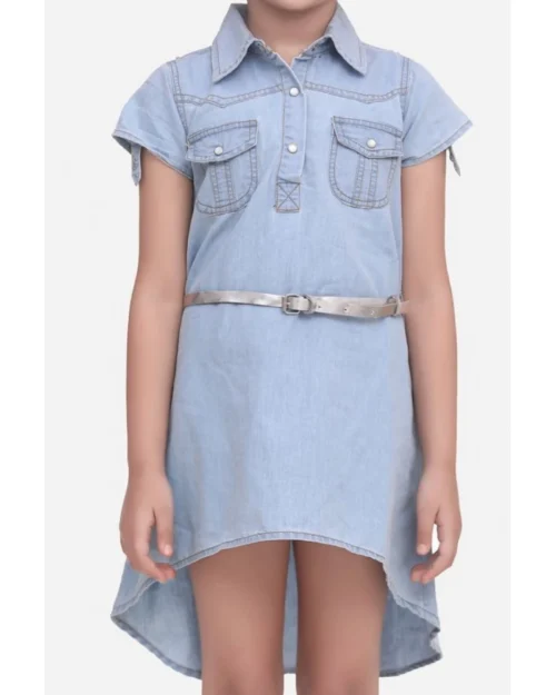 Generic Girl's Denim Hi Lo Short Sleeve Dress with Belt (Blue)