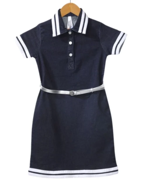 Generic Girl's Denim Lycra Ribbed Elasticated Dress with Belt (Navy Blue-White)