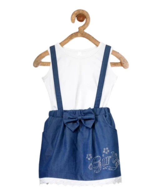 Generic Girl's Denim Embellished Sleeveless Skirt with inner (Dark Blue)