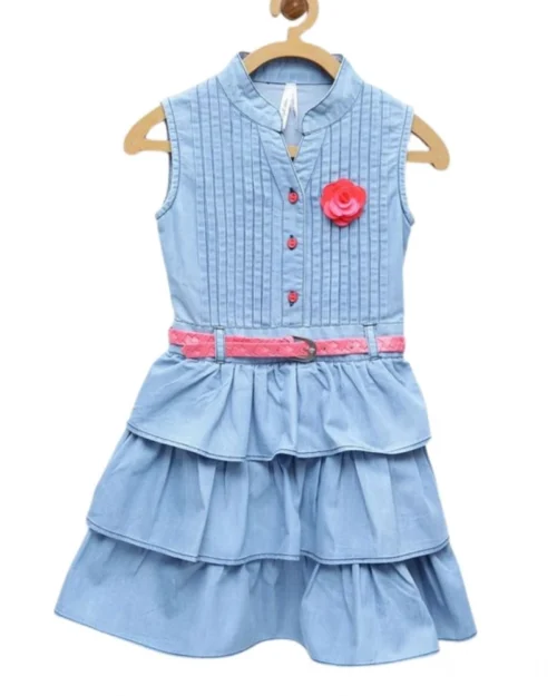 Generic Girl's Denim Embellished Sleeveless Dress with Belt (Light Blue)