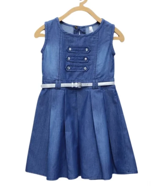 Generic Girl's Denim Embellished Sleeveless Dress with Belt (Blue)