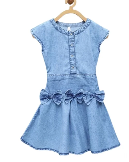 Generic Girl's Denim Embellished Cap Sleeve bow Dress (Light Blue)