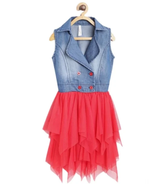 Generic Girl's Denim Roll Up Buttoned Dress (Blue-Red)
