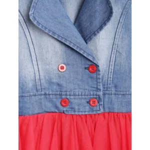 Generic Girl's Denim Roll Up Buttoned Dress (Blue-Red)