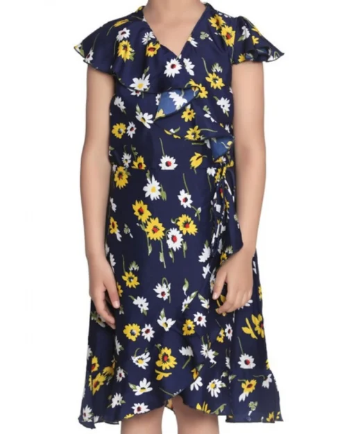 Generic Girl's Polyester Crepe Polka Cold Shoulder Dress (Navy Blue)