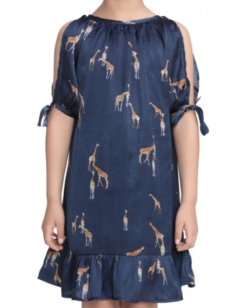 Generic Girl's Satin Animal Print Sleeveless Dress (Blue)